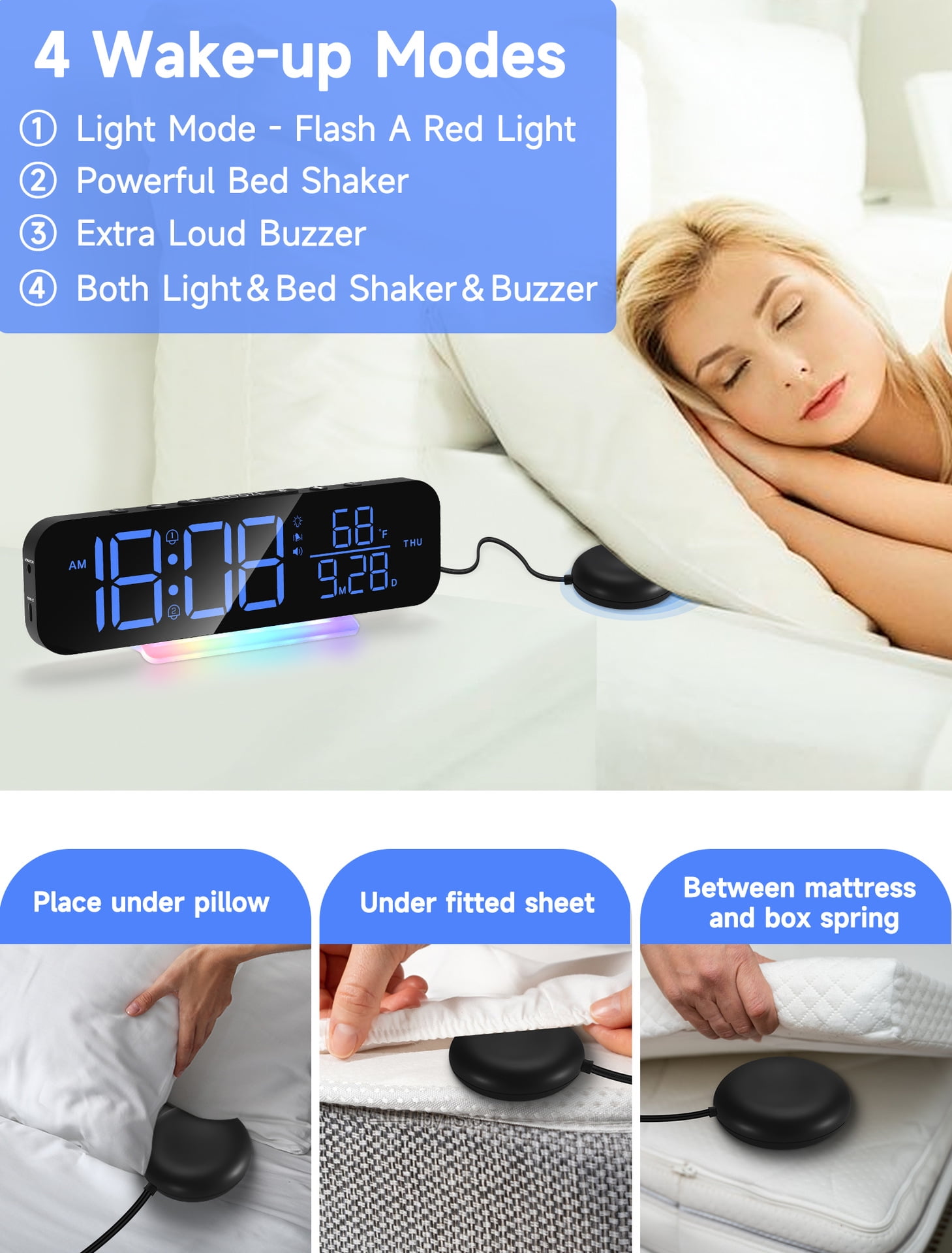 ITIGOITIE Extra Loud Vibrating Alarm Clock,Adjustable Volume,Dimmer,Large LED Digital with RGB Night Light for Bedrooms,Kids,Teens(Black)