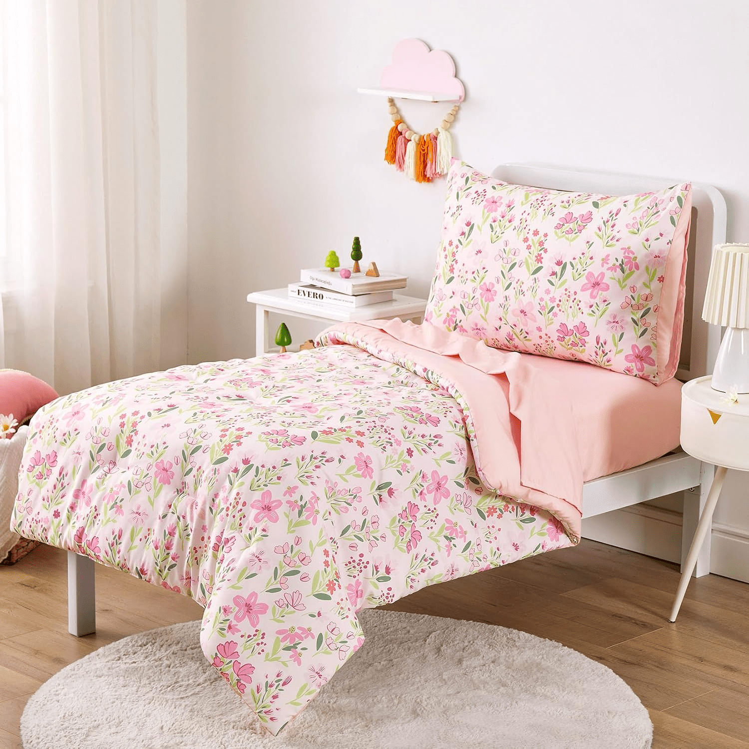 AllWays Plaza - Floral Toddler Bedding Set for Girls, Cute Colorful Botanical Flowers, 4 Pieces Soft Crib Bed Set Including Comforter, Sheets and Pillowcase, Light Pink