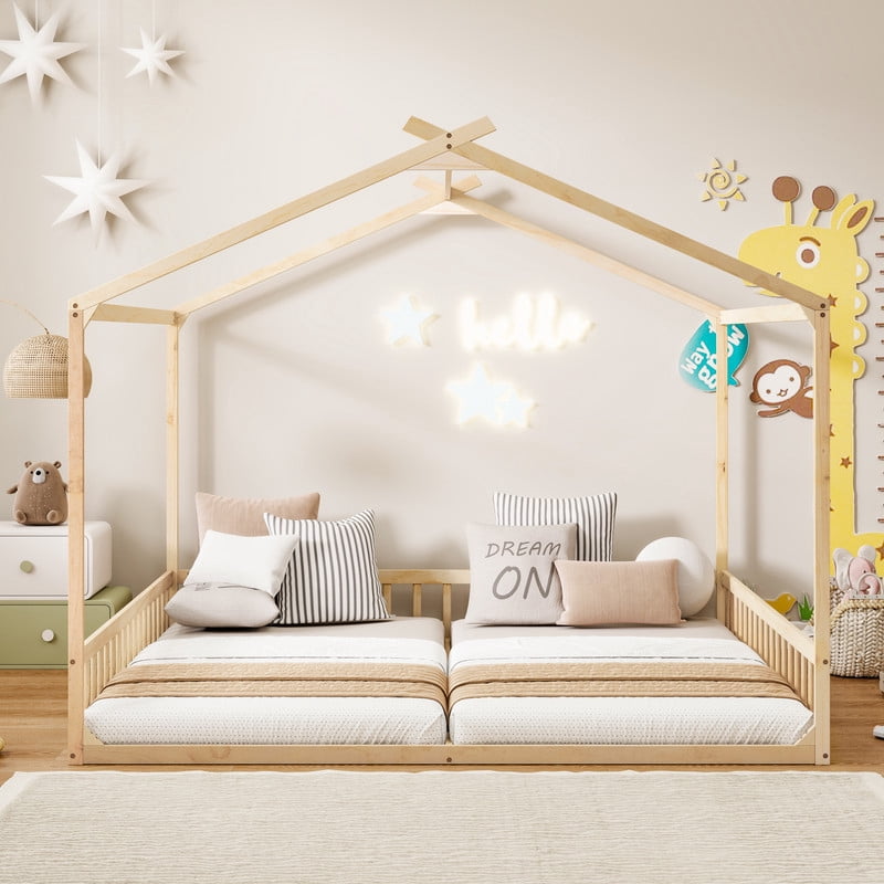 Double Twin Size House-Shaped Canopy Floor Bed with Safety Guardrails, Kids Wooden Low Profile Bed Frame with Open Roof Design