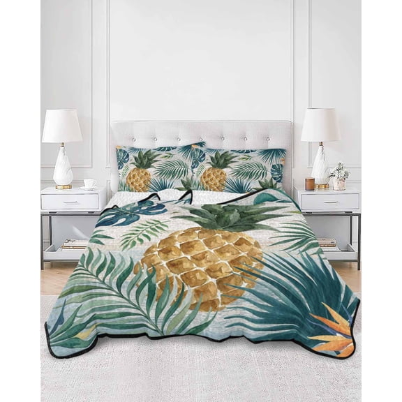 Quilts Twin XL Size, Summer Pineapple Soft Comforter Bedding Set for Bed, Rustic Tropical Plam Leaf Monstera Leaves Lightweight Quilted Bedspread with Pillow Cover(2 Pieces) All Season, 68x98 Inch