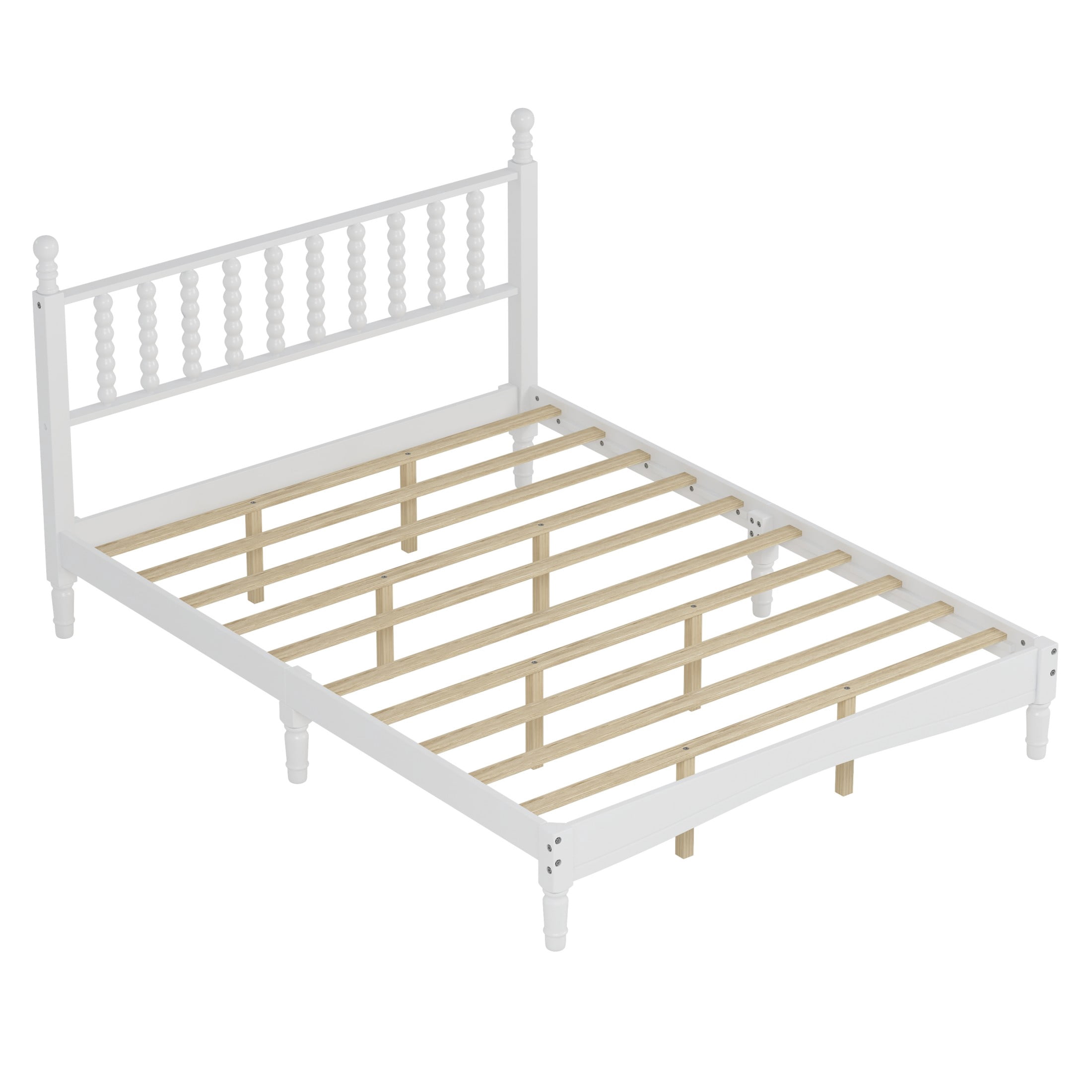 Aukfa Retro Queen Size Bed Frame with Gourd Shaped Headboard, Wood Platform Bed, White
