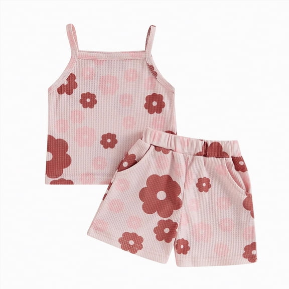 OYXSER Toddler Baby Girls Summer Outfits 2T 3T Daisy Print Sleeveless Shorts Clothing Set, Red 2-3T