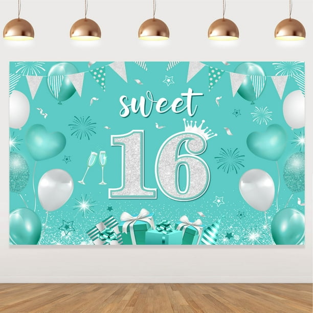 Sweet 16 Birthday Decorations Backdrop Banner, Teal Silver 16th