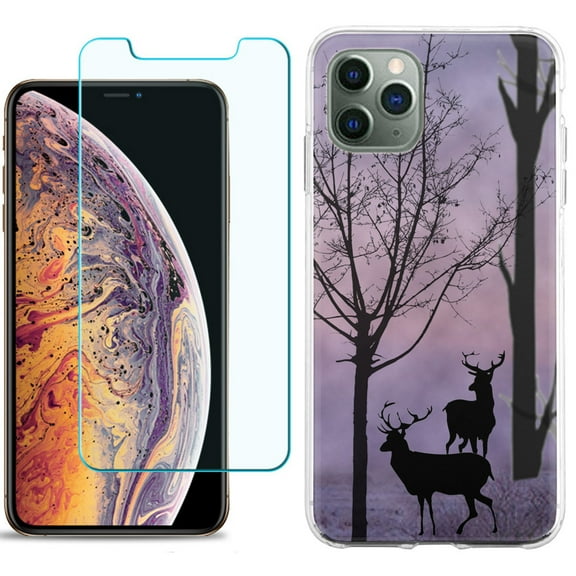 For Apple iPhone 11 Pro Case , Slim-Fit TPU Protective Phone Case with Tempered Glass Screen Protector, by OneToughShield ® - Forest/Deer/Twilight