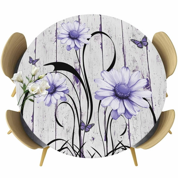 Purple Daisy Round Tablecloth 45-54 Inch Round Fitted Table Cloth with Elastic Edge, Country Botanical Floral Butterfly Wooden Waterproof Table Cover Protector for Outdoor Picnic Party Dining