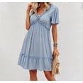 thumbnail image 2 of Mutural Summer Beach Dress Ladies Short Sleeve Solid Color Purfle Lace V Neck Mini Sundresses For Women Small Blue, 2 of 5