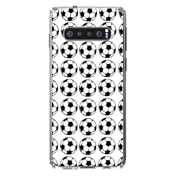 DistinctInk Clear Shockproof Hybrid Case for Samsung Galaxy S10  PLUS(6.4" Screen) - TPU Bumper, Acrylic Back, Tempered Glass Screen Protector - Soccer Balls Drawing