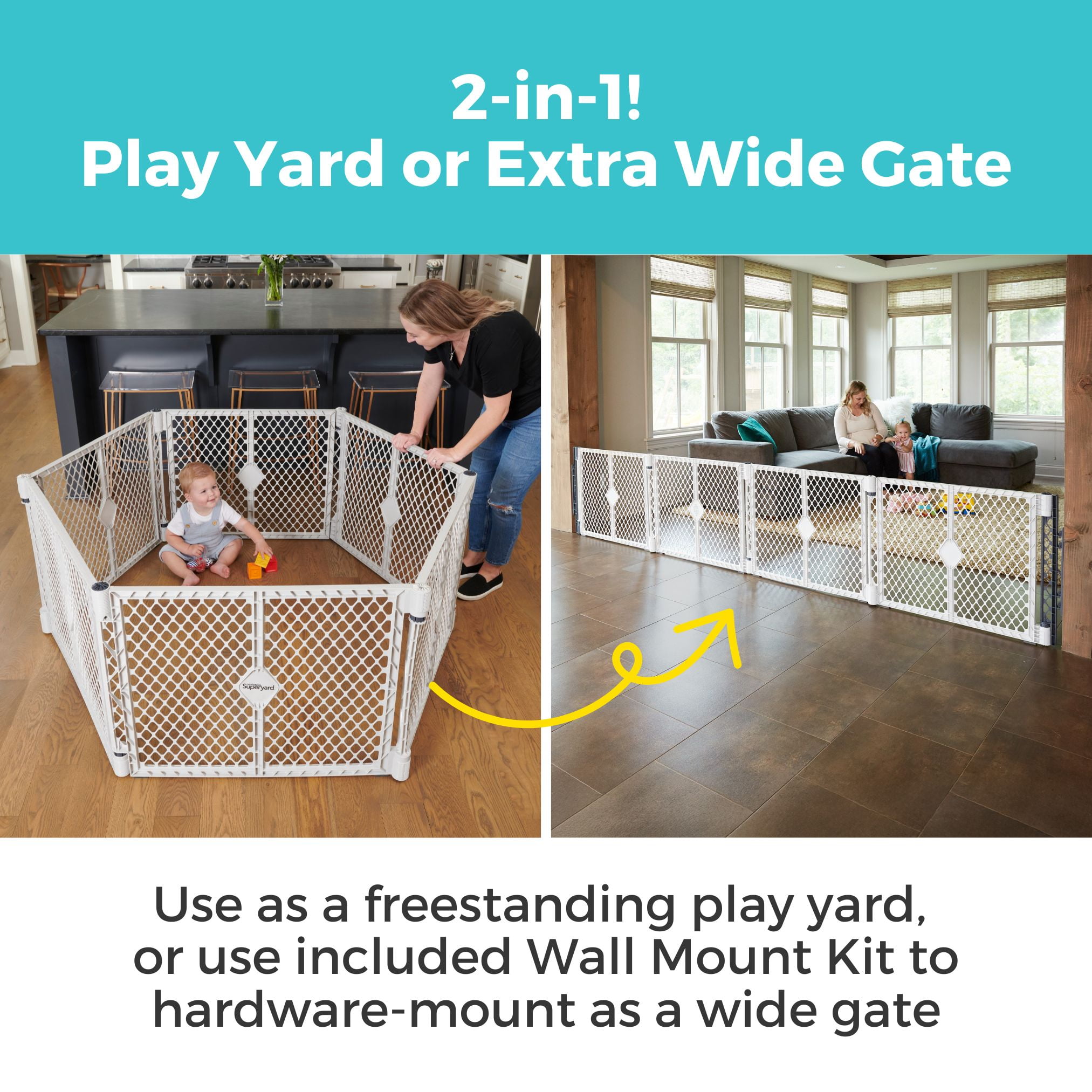 Toddleroo Superyard Baby Play Yard 6-Panel Gate and Wall Mount Kit, Light Gray