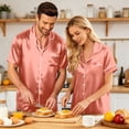 thumbnail image 6 of Lumtrix Matching Pajamas for Couples Men and Women Satin Button Down Loungewear Short Sleeve Sleepwear Soft 2 Pcs Pj Set（Women) Pink 4XL, 6 of 8