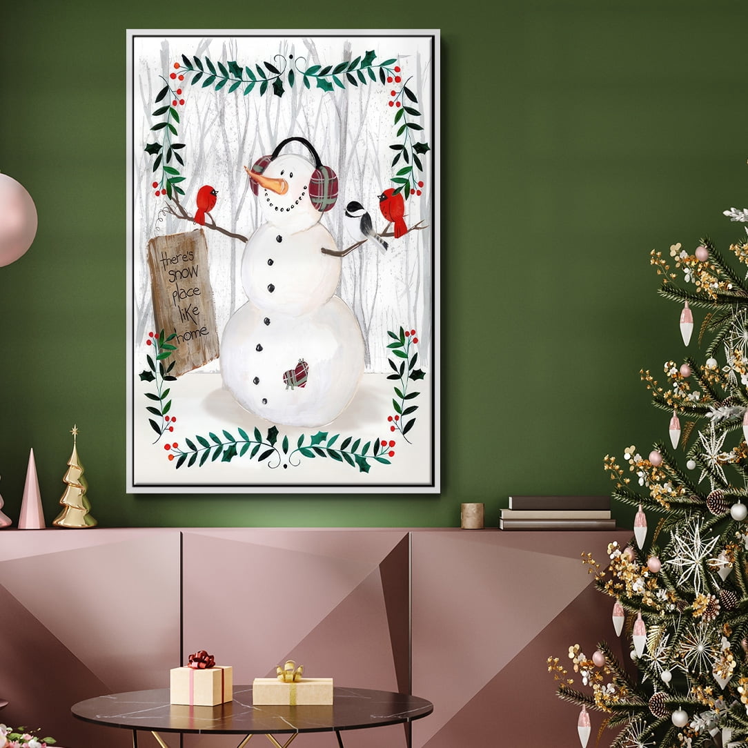 Folk Snowman Forest II - Framed Gallery Wrapped Holiday Canvas - 25 x 37 - White Frame