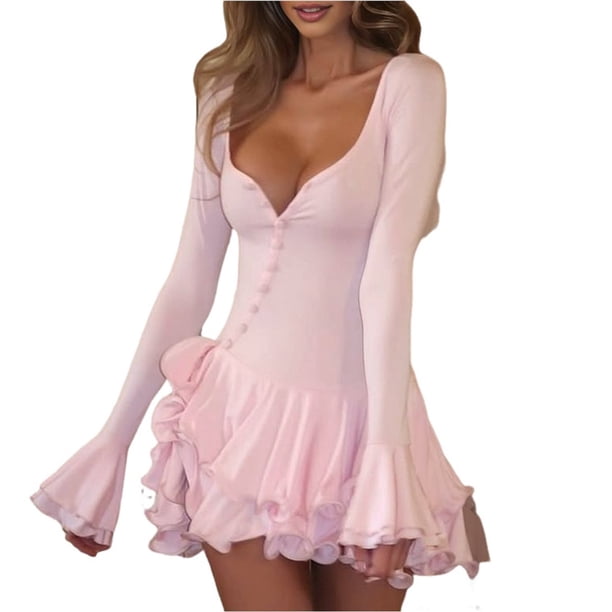 Vestidos de Invitada de Boda de Larga para Mujer, Sexy, con Escote en V Profundo, Vuelo y Volantes Rosa L