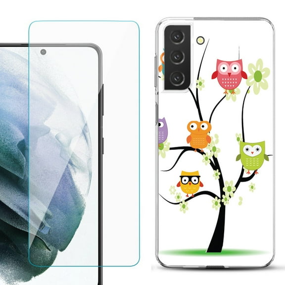 Slim-Fit TPU Fashion Phone Case for Samsung Galaxy S21 FE 5G Fan Edition, with Tempered Glass Screen Protector, by OneToughShield ® - Tree Owl