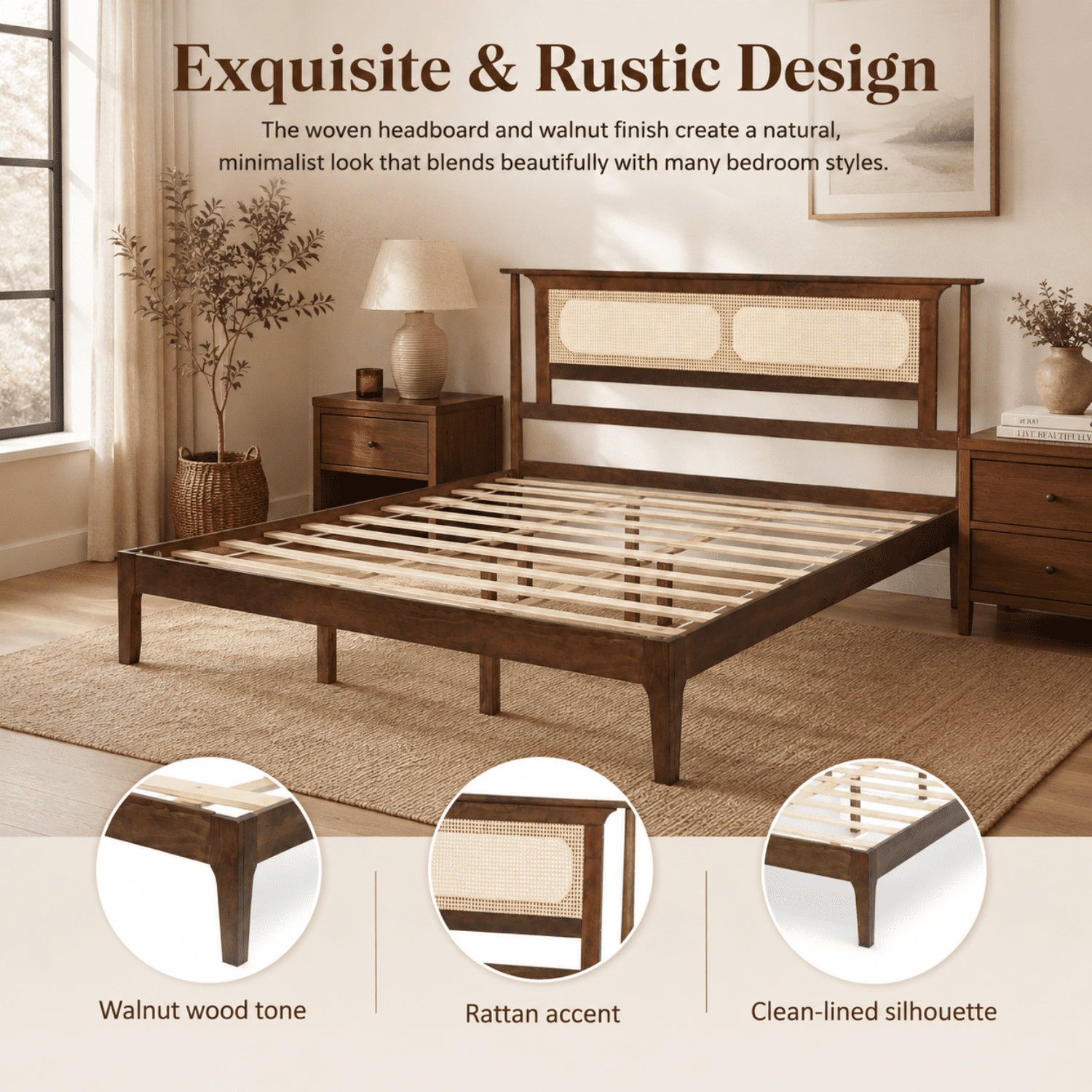 Miniyam King Bed Frame with PE Rattan Headboard, Pine Platform Bed, Walnut
