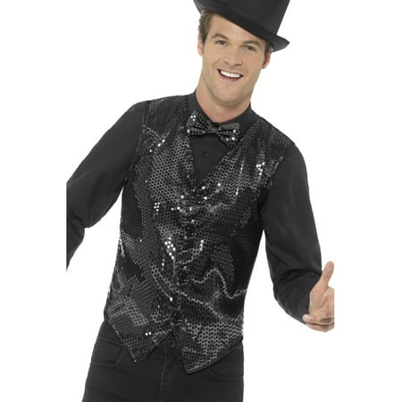 Mens Fancy Dress Black Sequin Magicians Waistcoat Vest Costume