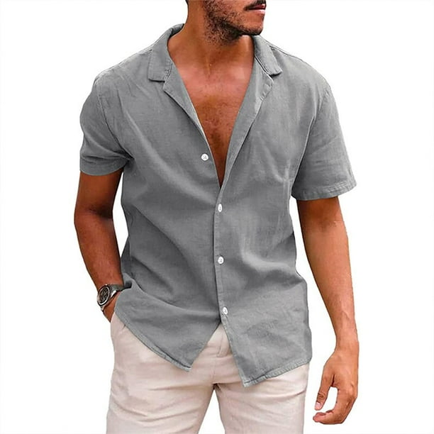 Camisa Corta Camisas Para Hombre Gris Camisas De Lino Hombre