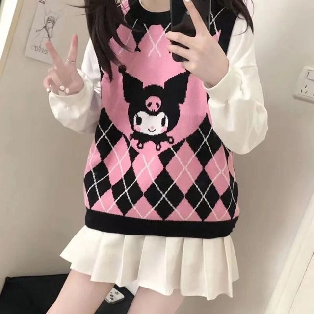 Sanrio-Chaleco de Hello Kitty para mujer, figura de Anime Kuromi Y2K, suéter tejido para niña dulce, diseño versátil a la moda, abrigo de estilo universitario para mujer