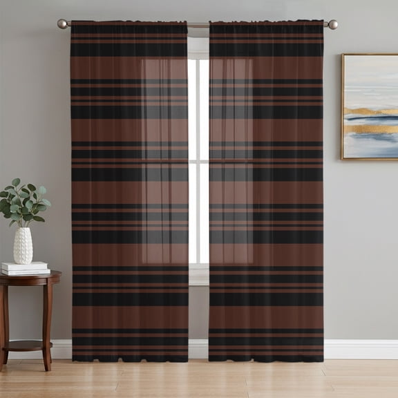 Black Coffee Stripes Sheer Curtains 72 Inch Length 2 Panels Set, Farmhouse Modern Striped Voile Window Treatment Rod Pocket Curtains Sheers Drapes for Bedroom/Living Room/Kitchen 52"x72"x2