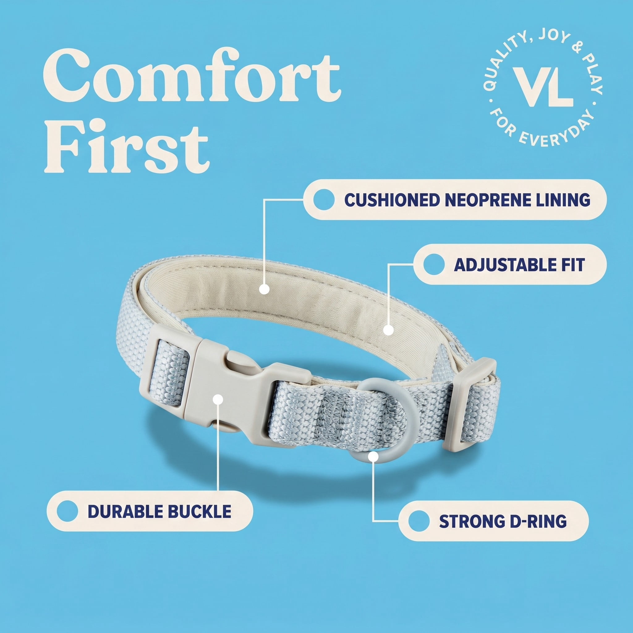 Vibrant Life Neoprene Cushioned Adjustable Dog Collar, Gray, L