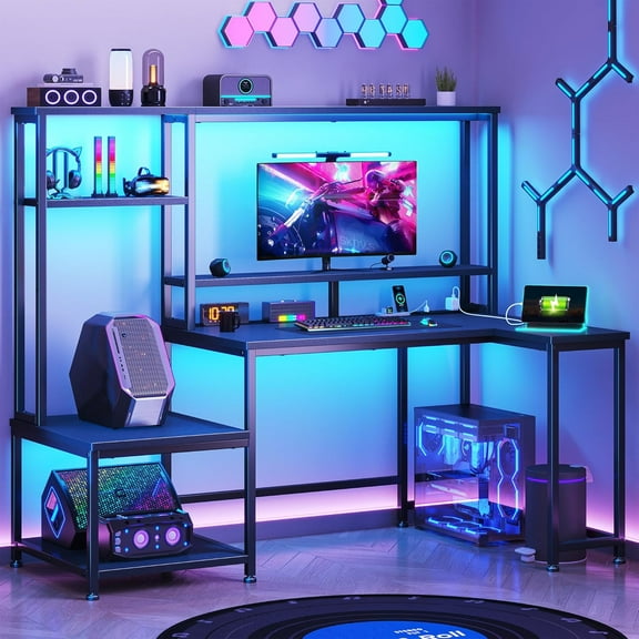 Gaming Desk with LED Lights & Outlets,55" L Shaped Computer Desk with Shelves & Storage Hutch,Reversible Corner Gaming Table with Printer Space & Monitor Stand for Home Office,Black