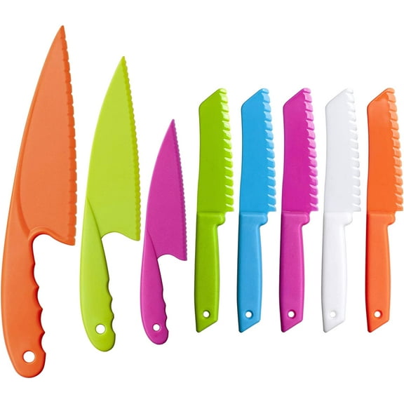 Kids Kinfe Set Plastic Nylon Cooking Chef Knives, 8 Pieces Children's Friendly Kitchen Knife Toddler Safe Knives for Fruit, Bread, Cake, Salad, Lettuce Knife
