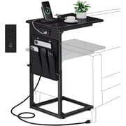 C Shaped End Table with Charging Station Adjustable Height Side Table for Couch Small Sofa Table with Storage Bag Slide Under Sofa TV Tray Snack Arm Tables for Living Room Bedroom Br