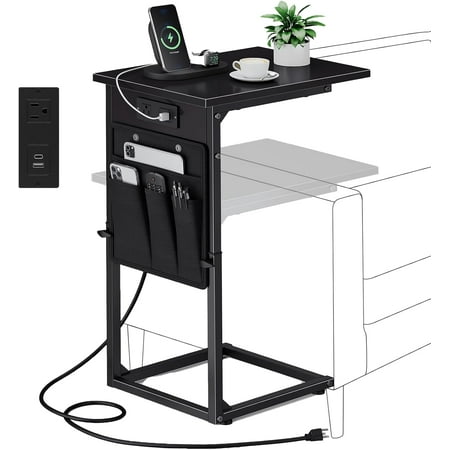 C Shaped End Table with Charging Station Adjustable Height Side Table for Couch Small Sofa Table with Storage Bag Slide Under Sofa TV Tray Snack Arm Tables for Living Room Bedroom Br