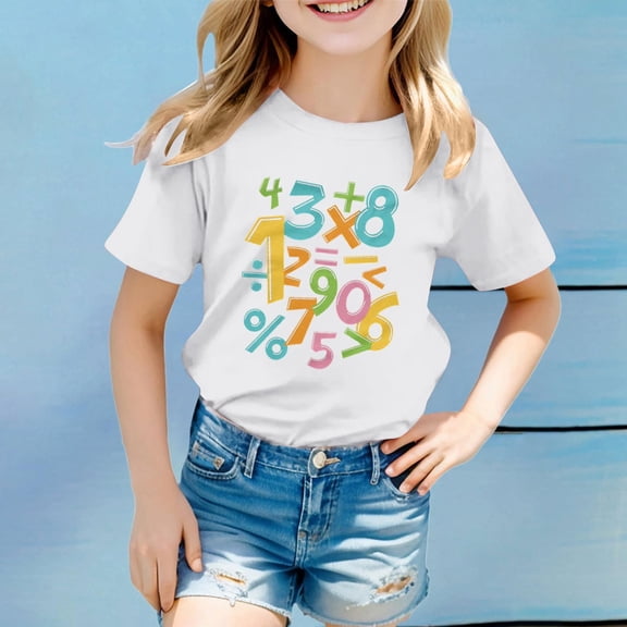 DJDLJWCJ Graphic Tees Girls T Shirts for Girls Crewneck Cute Printed Tee Shirt Casual Summer Fashion Tops, White 7-8T