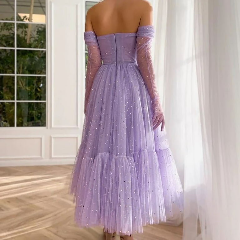 Tulle Dress for Women Formal Wedding Purple Sparkly Graduation Strapless  Tube Long Gown Evening Party Mesh Dress (Medium, Purple)