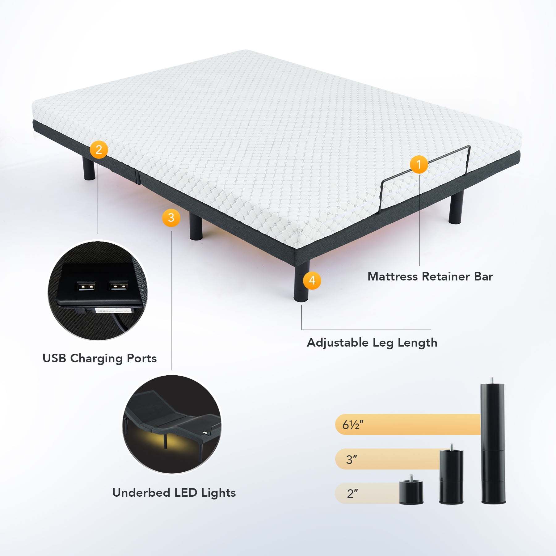 Vonluce Adjustable Queen Bed Base Frame with Remote, Massage, Incline, Lighting, More