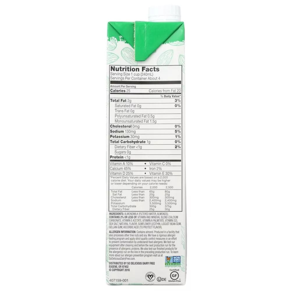 So Delicious Dairy-Free Almond Milk Beverage, Unsweetened, 32 oz. Bottle, Shelf-Stable