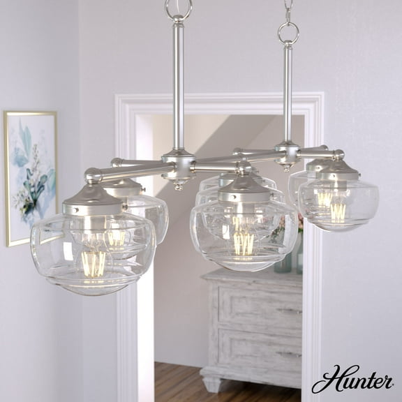 Hunter - Saddle Creek 7-light Brushed Nickel, Extra Large Chandelier, Dimmable, Schoolhouse Style, Candle Shaped, for Bedrooms, Dining, Living Rooms - 19493
