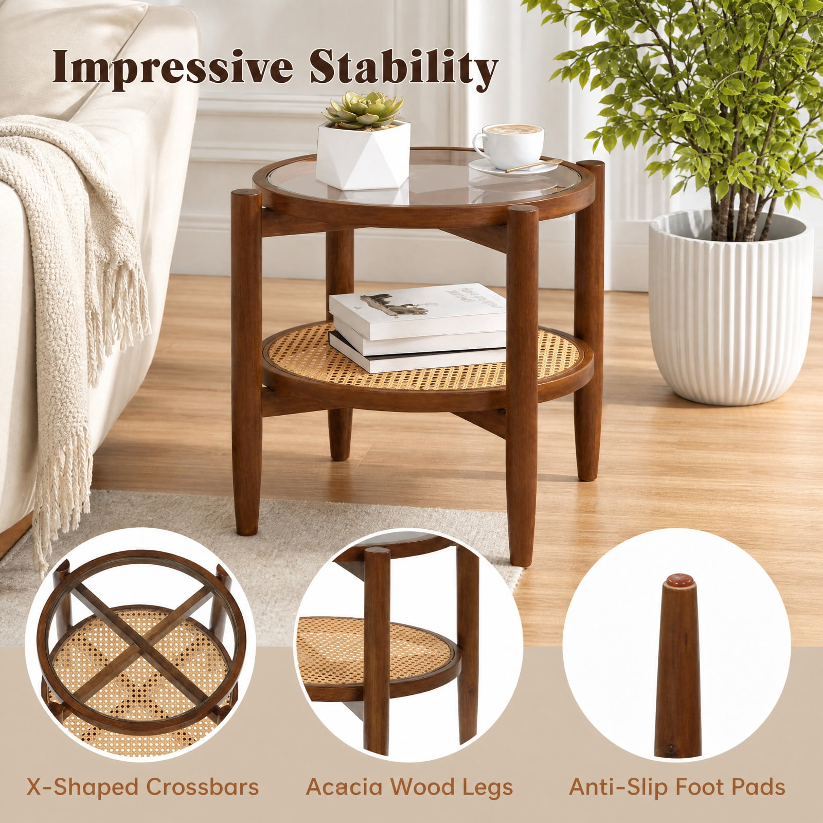 Furnibear Rattan Round Side End Table with Tempered Glass Tabletop and 2 Tier Acacia Wood Legs for Living Room Bedroom and Sofa Side, Walnut