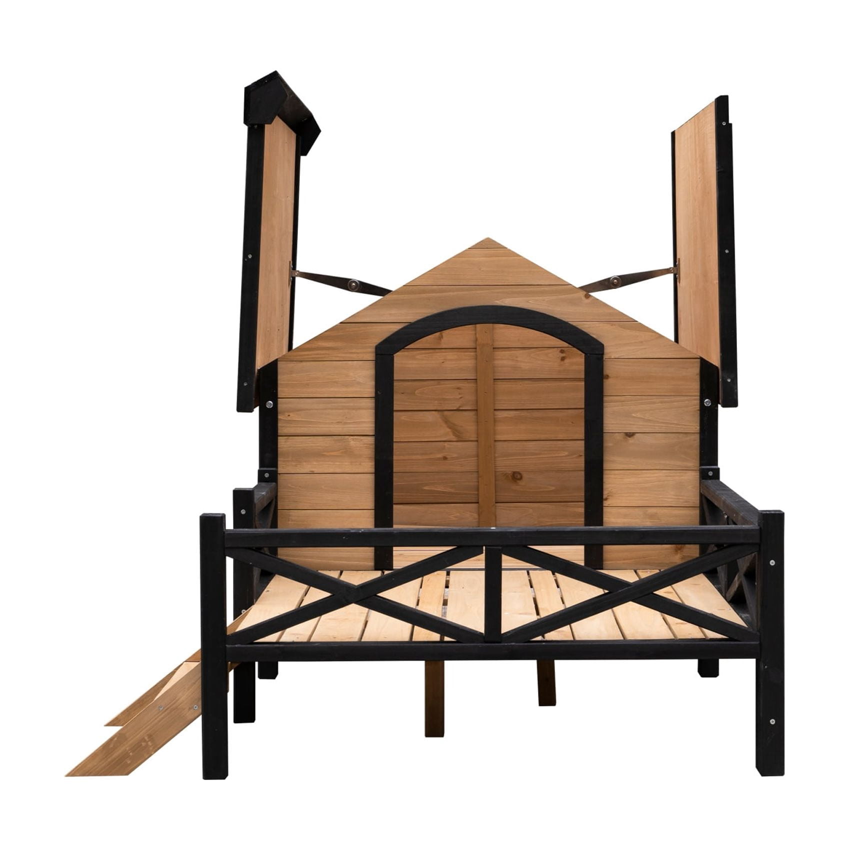 67'' Wooden Large Dog House w/Porch Deck,Iron Frame Dog Kennel for XL Dogs,Weatherproof Outdoor Dog House with Asphalt Roof,Elevated Cabin Style Pet Shelter,Honey