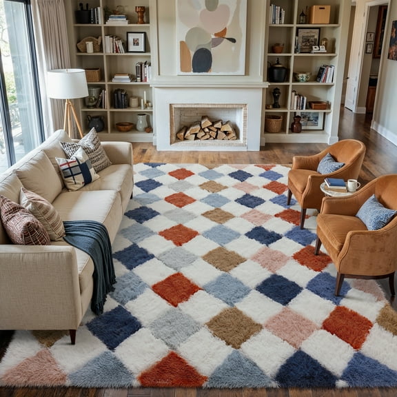 BERTHMEER 8'x10' Large Checkered Shag Area Rug for Living Room, Modern Rainbow Non-Slip Ultra-Soft Indoor Fluffy Rugs for Bedroom Carpet Home Dorm Aesthetic Decor, Colorful