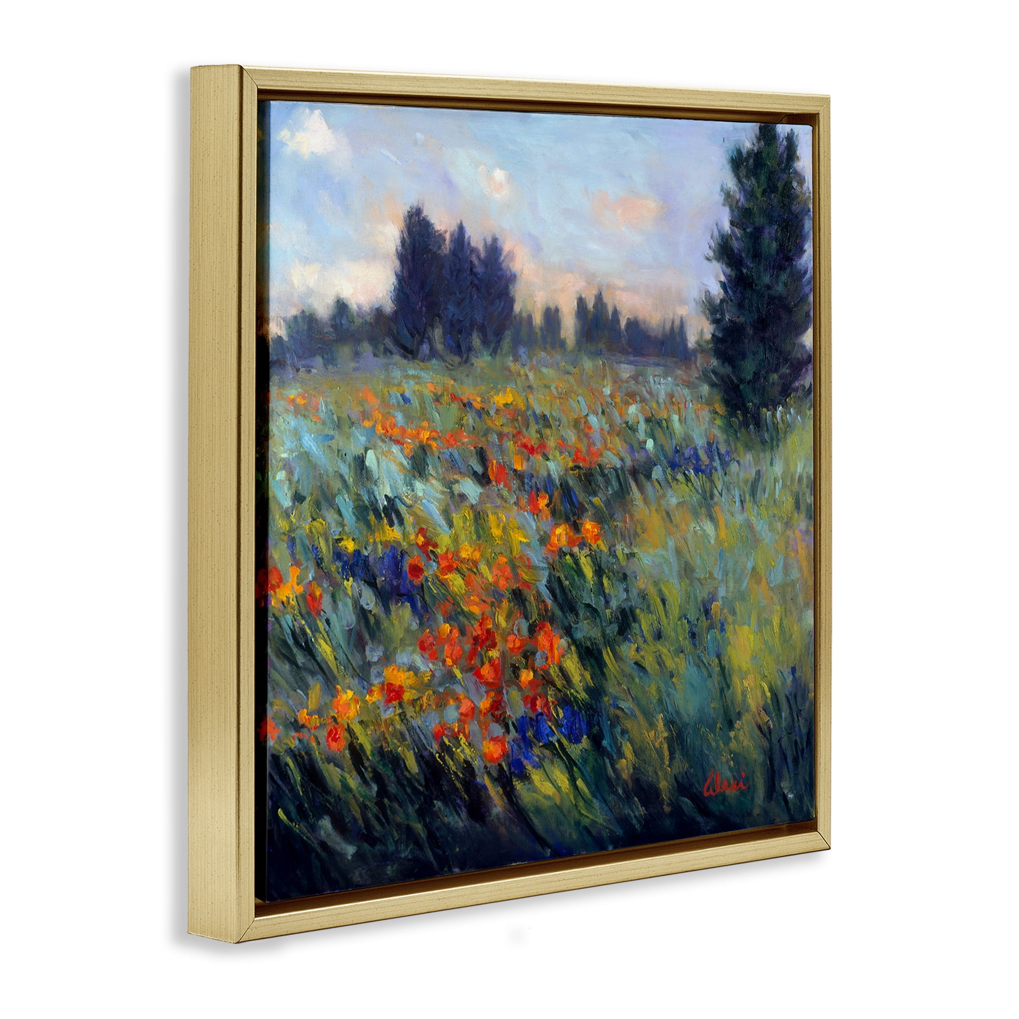 Stupell Industries Flower Meadow Landscape Landscape Painting Gold Floater Framed Canvas Art Print Wall Art, 18 x 18