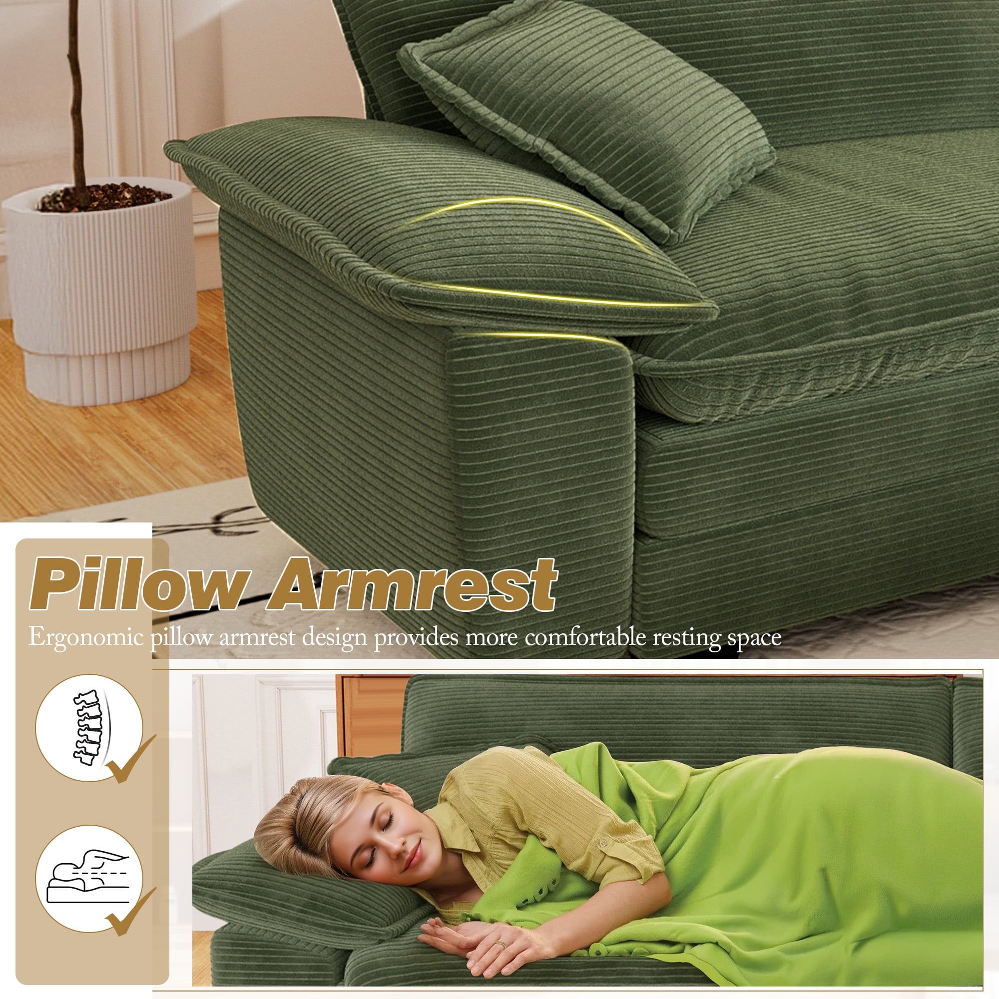 Muumblus Comfy Modular Sectional Sofa with 2 Ottoman, Deep Seat 80.5" Modern Oversized Corduroy Cloud Couch, Fluffy Deep Seat Chaise Lounge Sleeper Sofa for Living Room Apartment, Green
