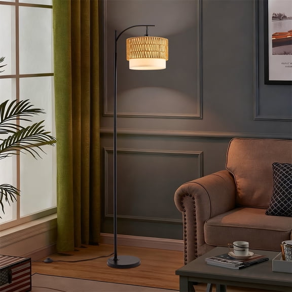 Vesteel Floor Lamp for Living Room, Rattan Standing Lamp with Adjustable Rattan & Fabric Shades, 3 Color Temperatures Boho Farmhouse Floor Lamp for Bedroom