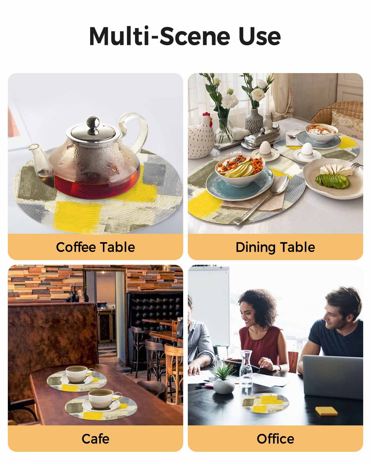 Abstract Vintage Round Table Placemats set of 6, Art Oil Painting Texture Washable Woven Place Mats for Dining Tables Kitchen Party Decor,Heat Proof, 13in, Yellow