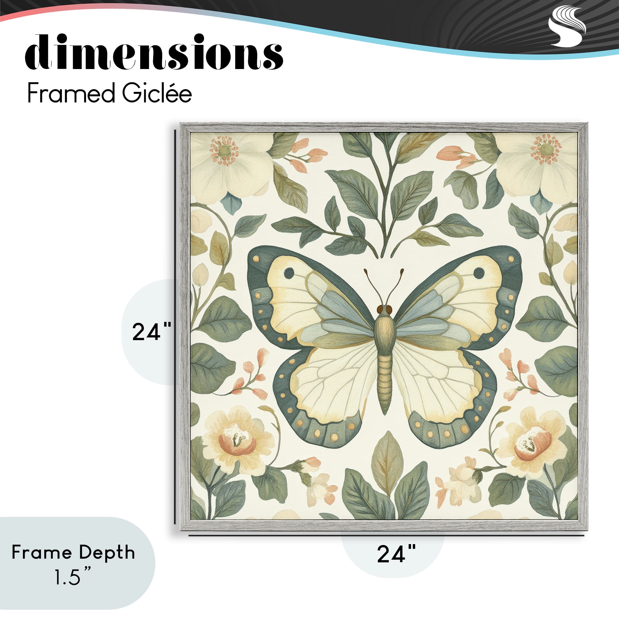 Stupell Industries Sage Butterfly and Florals Gray Framed Giclee Art, design by Petal Prints Design