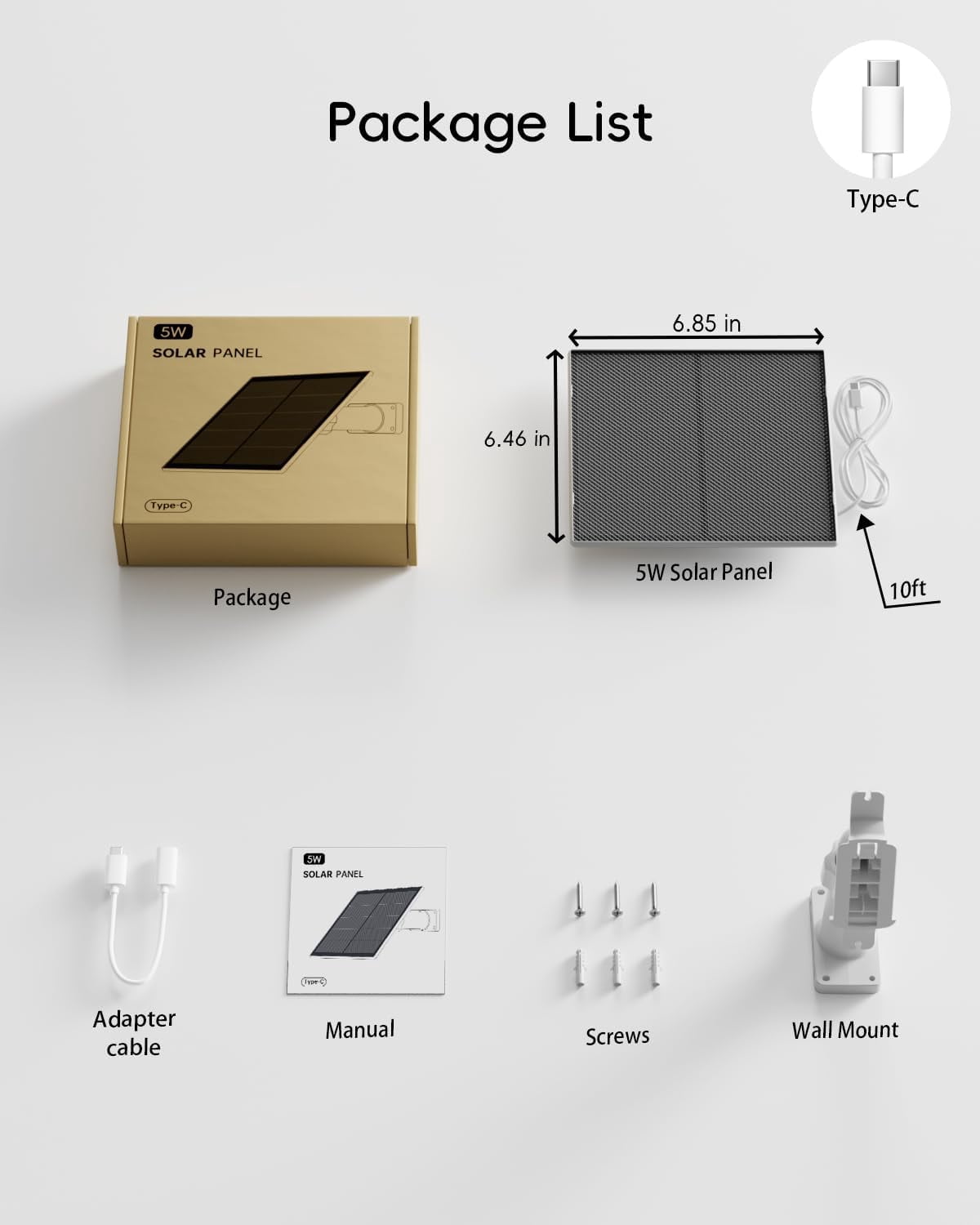 ZUMIMALL 5W Solar Panel for Security Cameras, IP66 Weatherproof, 360° Adjustable Bracket, 10ft Cable, Micro USB & Type-C Port,White