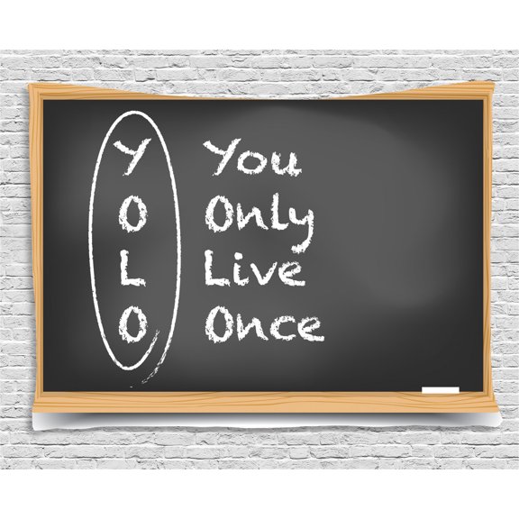 YOLO Tapestry, Chalkboard Background Abbreviation Classroom Themed Illustration, Wall Hanging for Bedroom Living Room Dorm Decor, 80W X 60L Inches, Charcoal Grey Pale Brown White, by Ambesonne