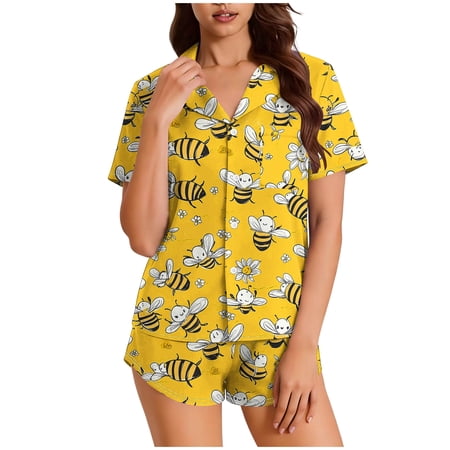 AHTJRT Pajama Sets for Women 2 Piece Outfits V Neck Button down Short Sleeve Shirt and Shorts Wrinkle Free Ultra Stretch Summer Pjs Sleepwear Sets Yellow#03 XL