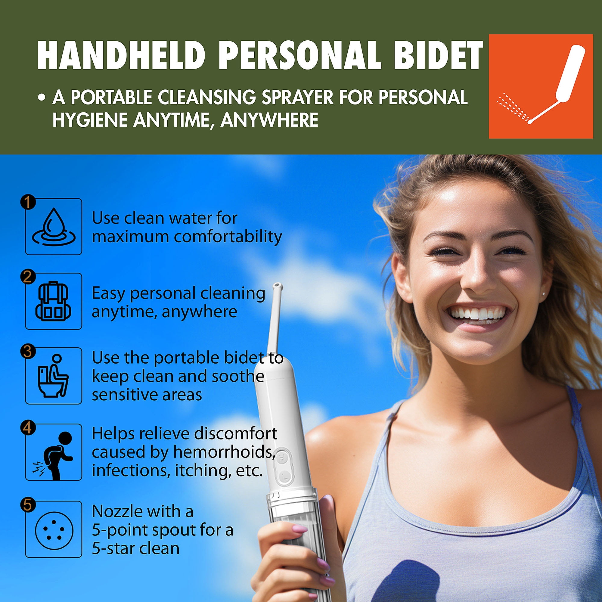 Ozark Trail Handheld Personal Bidet, Waterproof, 4.9 fl.oz Reservoir, White