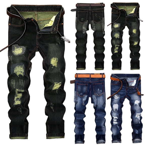 Fengqque Men's Fashion Trend Biker Moto Washed Distressed Slim Fit Elastic Straight Jeans Denim Blue 10(XL)