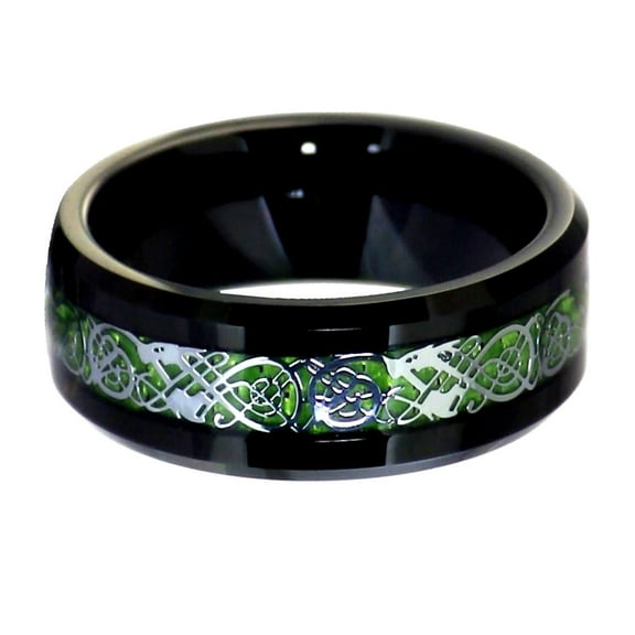 Black Dragon Ring Silver Celtic Knot Green Carbon Fiber