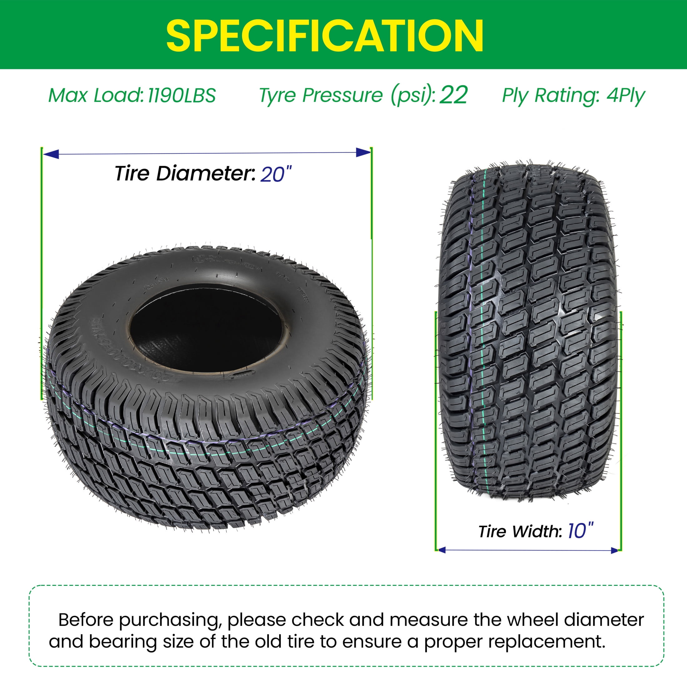Noble House 20" x 10" 4-Ply Tubeless Turf Tread Lawn Mower Tires, Heavy Duty for Large Garden Tractors, Black, Set of 2
