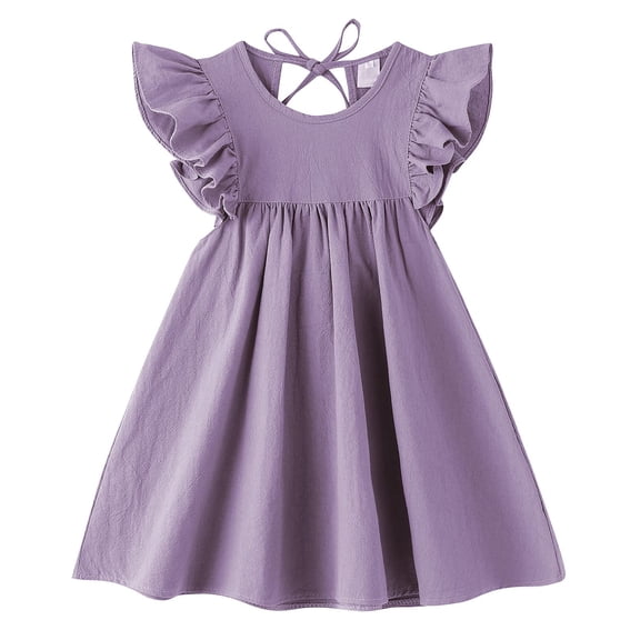 Vestido LYXIOF para niños pequeños de algodón y lino con volantes, color morado, 100 cm