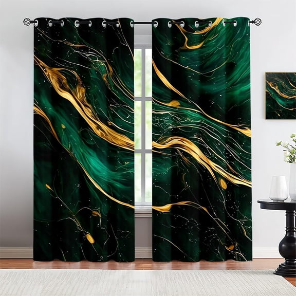 Emerald Green Marble Grommet Window Treatments, Luxury Flowing Gilded Texture Darkening Blackout Curtains, 3D Print Window Curtain Panel For Bedroom Living Room Decor 52"W x 84"L (Pack of 2)