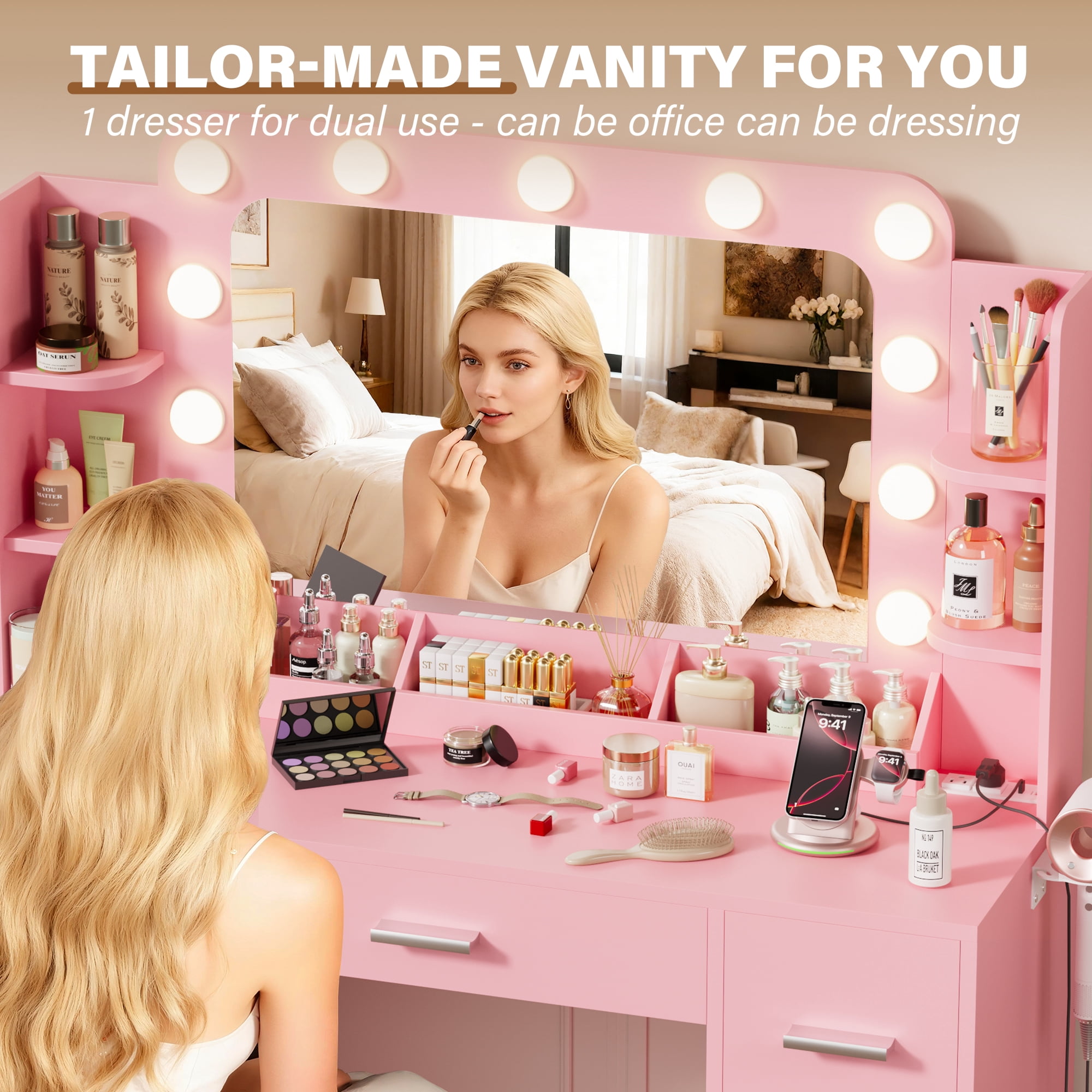 Lacoo Vanity Desk with Mirror & Lights, Makeup Vanity Set with 7 Drawers & Shelves, Vanity Table for Bedroom, Pink