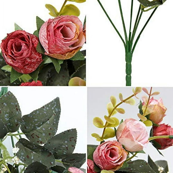 Flojery 21 Heads Silk Rose Bouquet Artificial Flowers Mini Rose for DIY Wedding Bouquets Centerpieces Bridal Shower Party Home Decorations,Pack of 4 ?Pink?